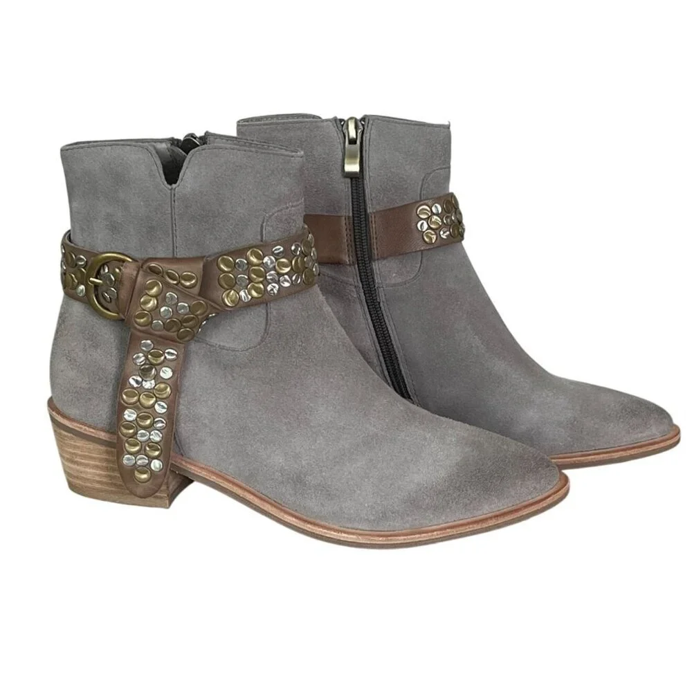 Antelope Gray Suede Western Ankle Boots Studded Harness EU 37 US 6-6.5